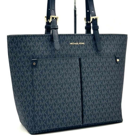 Michael Kors Jet Set Medium Pocket Tote Bag Black Signature - Picture 1 of 10